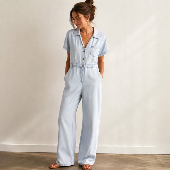 Zara Pants - Zara Light Wash Denim Utility Jumpsuit Short Sleeve Button Front Sz M